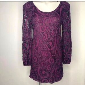 Anthropologie Sunday in Brooklyn Joy Purple with Black Lace Long Sleeve Dress XS